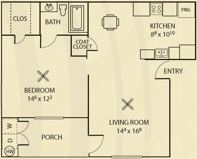 Floor plan for 1 bed, 1 bath, 736 sqft